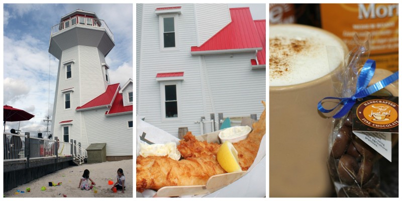 Collage of Masstown Market: Their Lighthouse, Fish & Chips and a Cup of Coffee with Choclolates