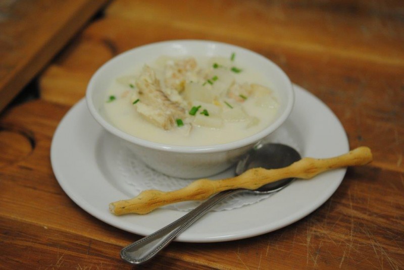 A photo of seafood chowder from Old Fish Factory