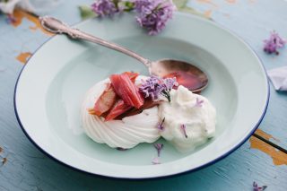 Cider Poached Rhubarb Pavlova