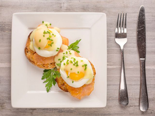 Smoked salmon eggs benedict made with J. Willy Krauch & Sons salmon