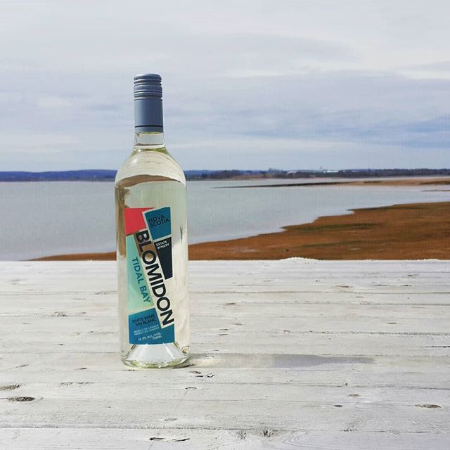 A bottle of Tidal Bay wine outside with the ocean behind it. 