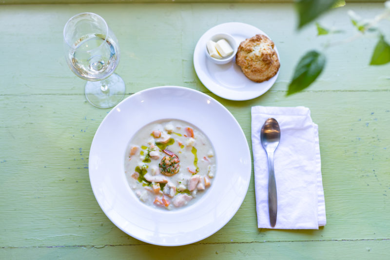 Chowder with biscuit from the flying apron