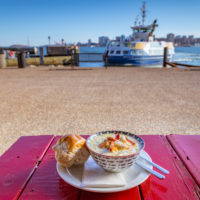 evan's chowder with ferry background