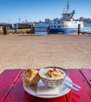 evan's chowder with ferry background