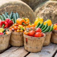Assorted produce in baskets
