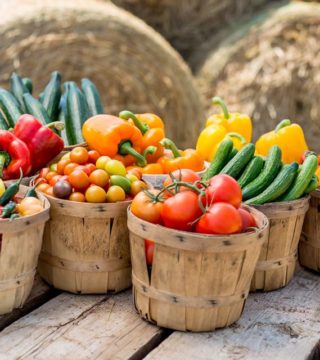 Assorted produce in baskets