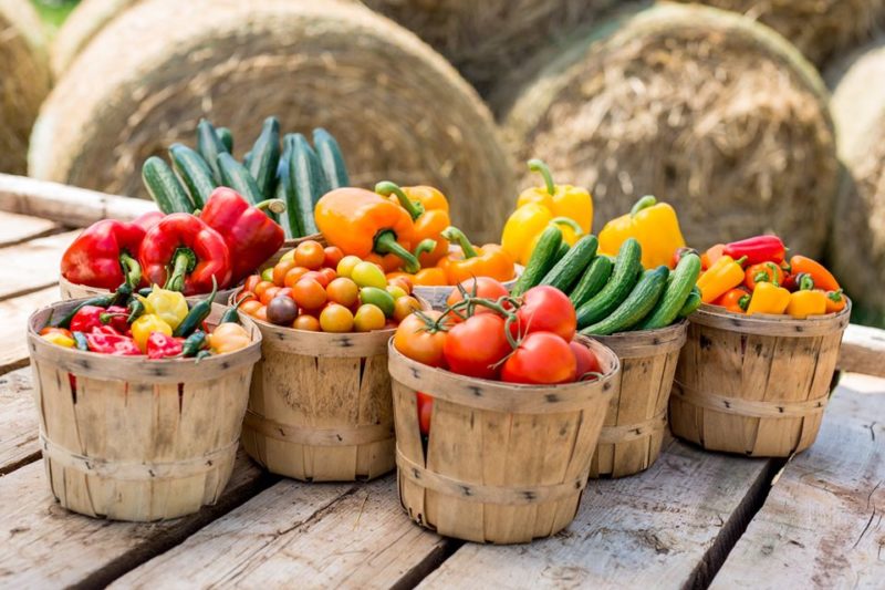 Assorted produce in baskets