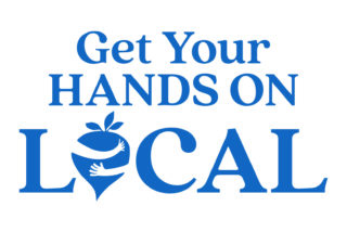 A photo of blue text against a white background. The text says Get Your Hands on Local.