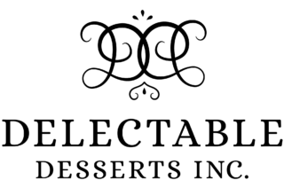 A photo of the logo for Delectable Desserts. The top part of the logo has two of the letter D, written in a script font and mirrored so they are facing each other. Below, in black font, it says Delectable Desserts Inc.