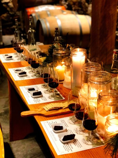 chocolate paired with three wines on table at Planters Ridge