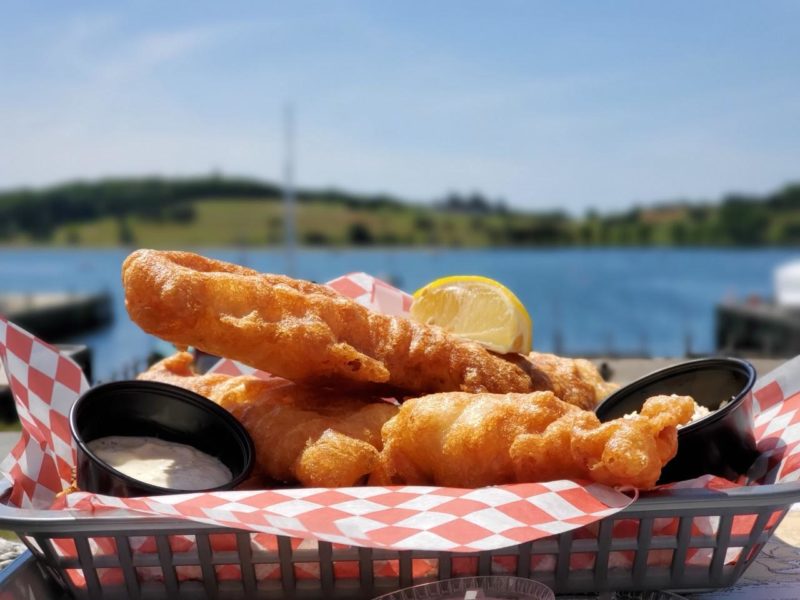 Image of South Shore Fish Shack's Fish and Chips outdoors overlooking water