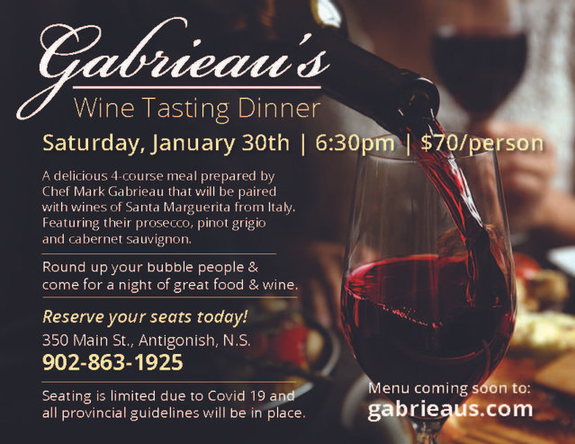 promotional image of Gabrieau's bistro wine tasting event with text and wine being poured in background.