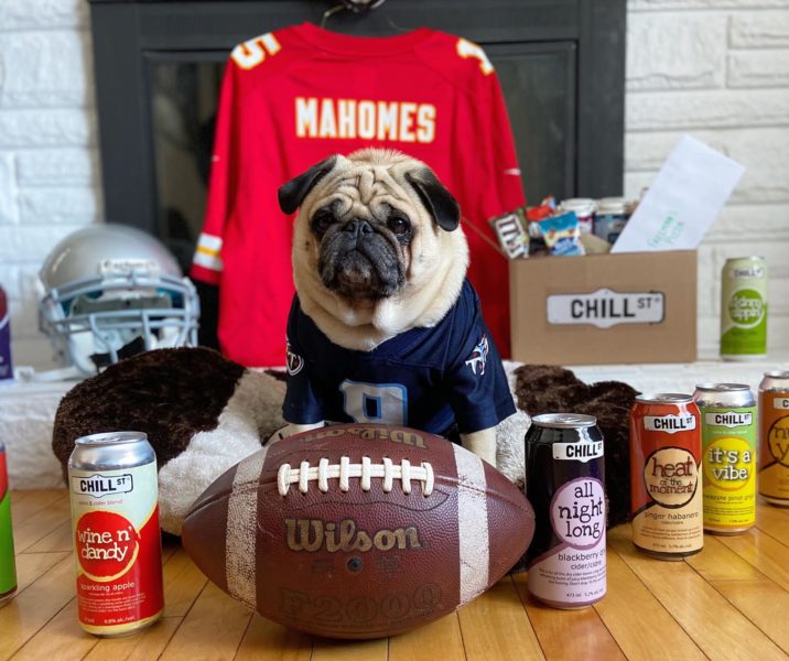 Chill street beverages are lined up on the floor. There is also a football in the photo and a dog (a pug) wearing a football jersey in the background.
