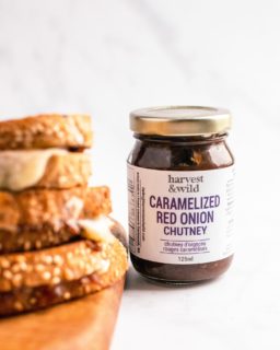 bottle of harvest and wild chutney next to toasted cheese sandwiches