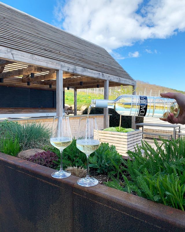 A bottle of Tidal Bay wine, filling two wine glasses. 