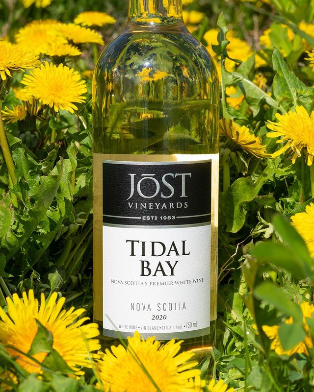 Bottle of Tidal Bay wine surrounded by flowers. 