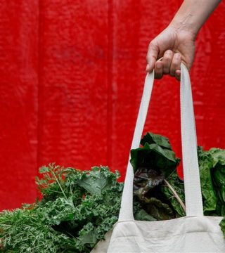 a hand holds a canvas bag of fresh produce against a red barn