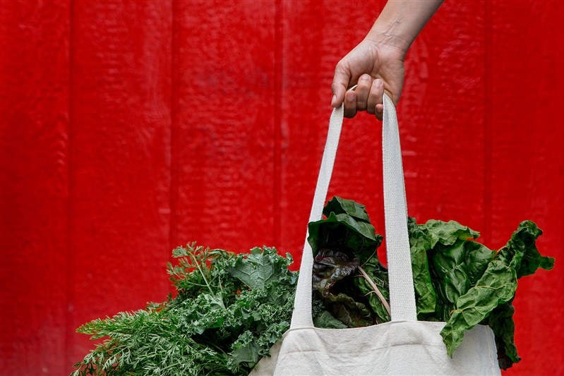 a hand holds a canvas bag of fresh produce against a red barn