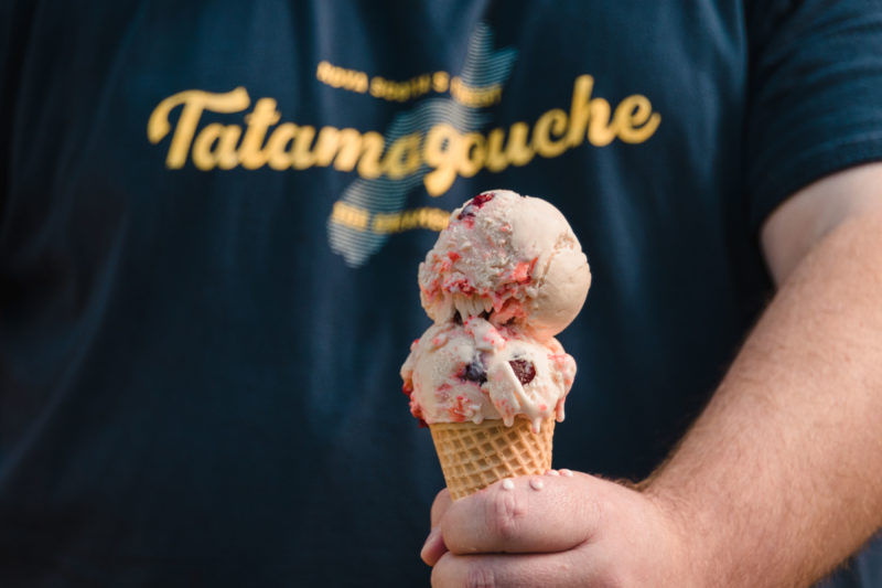 A hand holds a strawberry ice cream cone in front of a navy shirt that says Tatamagouche