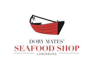A photo of the logo for Dory Mates Seafood Shop. The logo shows an illustration of a red dory boat, with the company name typed below it.