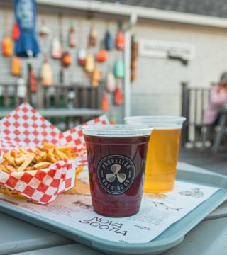 Two beers and fries sit on a tray on a picnic table. There are buoys on a wall in the background