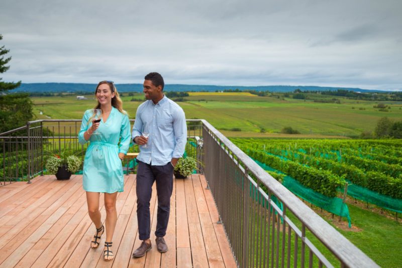 a couple stand on a deck overlooking a vineyard. They both hold glasses of wine