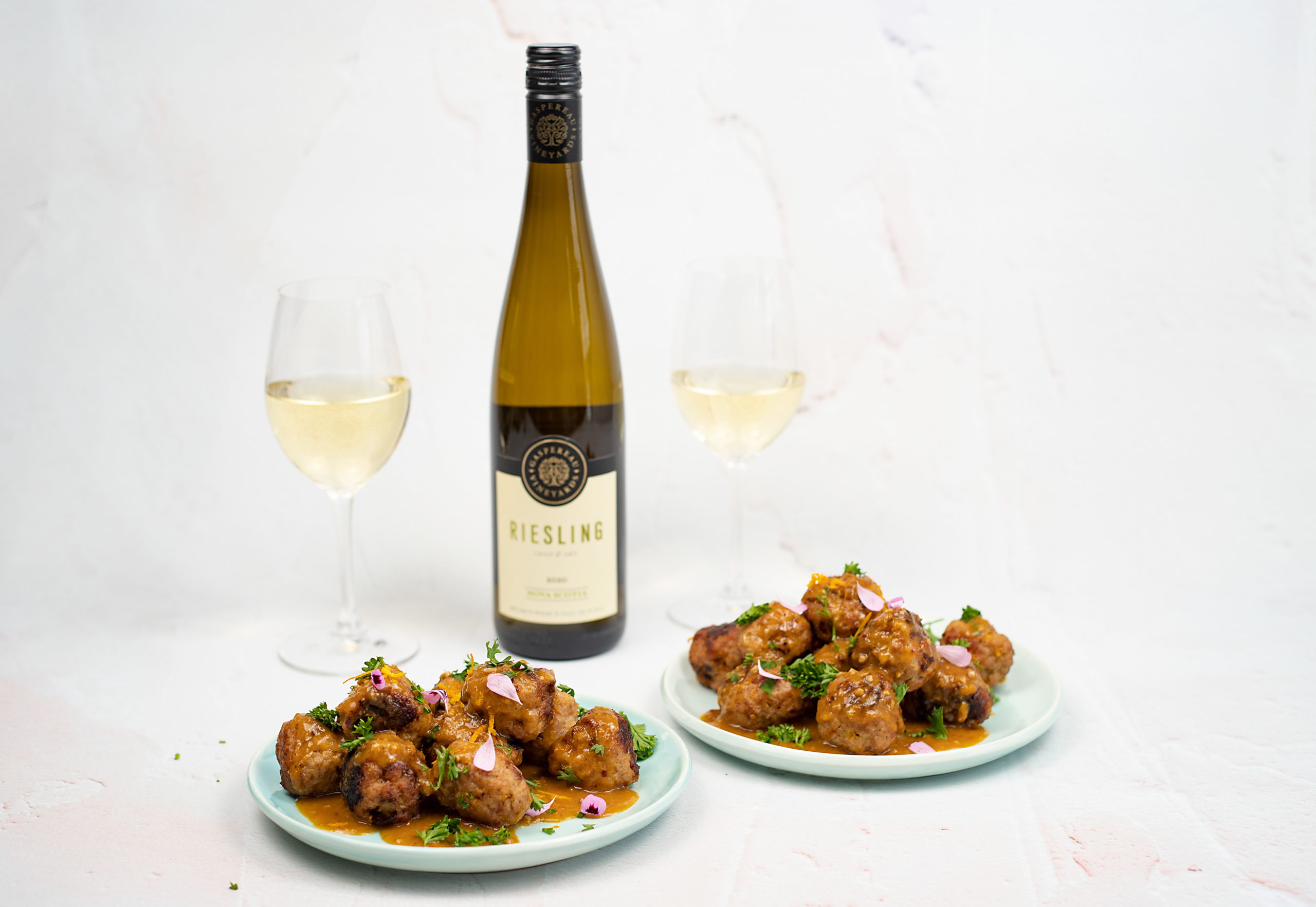 Spicy Pork Bites with Orange Ginger Glaze paired with Gaspereau Riesling | Taste of Nova Scotia