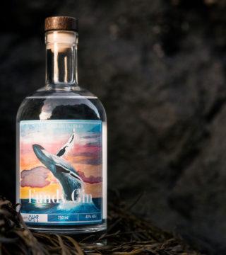 A photo of a bottle of Fundy Gin. The bottle is displayed outside, near a sea cave, and is sitting on top of some seaweed.