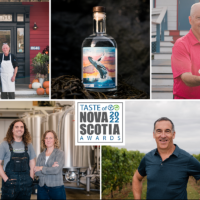 the five 2022 taste award recipients with the taste of nova scotia awards logo in the centre