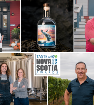 the five 2022 taste award recipients with the taste of nova scotia awards logo in the centre