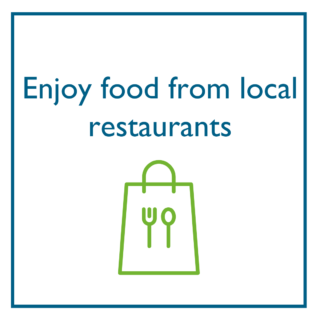 A text-based photo on a white background. Text reads in blue font "Enjoy food from local restaurants" and shows an illustration of a bag with a fork and spoon to signify take-out from a restaurant.