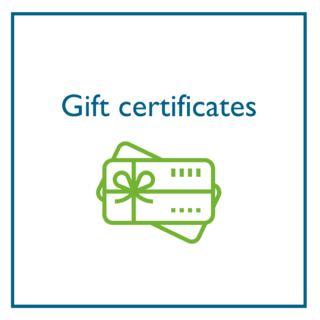 A text-based photo on a white background. Text reads in blue font "Gift Certificates" and shows an illustration of a gift card below the text.