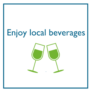 A text-based photo on a white background. Text reads in blue font "Enjoy local beverages" and has an illustration of two wine glasses about to cheers each other.