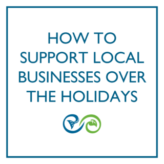 A text-based photo on a white background. Text reads in blue font "How to support local businesses over the holidays" and the Taste of Nova Scotia logo is displayed below the text.