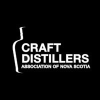 A photo of the logo for the Craft Distillers Association of Nova Scotia. The association name is written in white font against a black background, with the side silhouette of a jug showing in white.