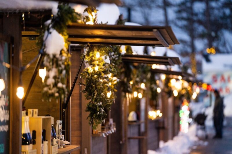 Evergreen Market Booth with lights and snow