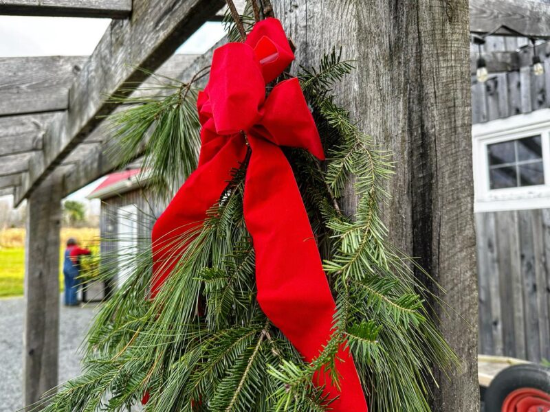 A wreath hangs at Meander River Farm & Brewery