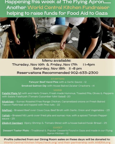 Flying Apron Dinner Menu Fundraiser for Gaza and World Central Kitchen