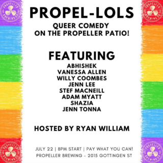 Propeller comedy event poster - Propel-LOLs with rainbow colours on either side of the information