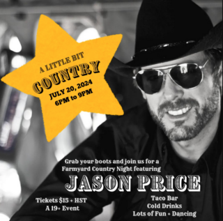 Rose & Kettle Tearoom poster for Little Bit Country event with photo of Jason Price in a cowboy hat and sunglasses