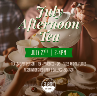 Photo of classic teapot pouring tea into classic tea set with details for seaport socials afternoon tea event