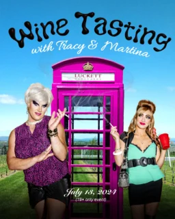 Poster of two drag queens on either side of the Luckett Vineyards phone booth