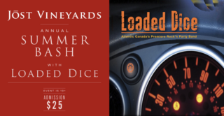 photo of details for Jost Summer Bash on the left side and a photo of a cars speedometer with the band Loaded Dice's name